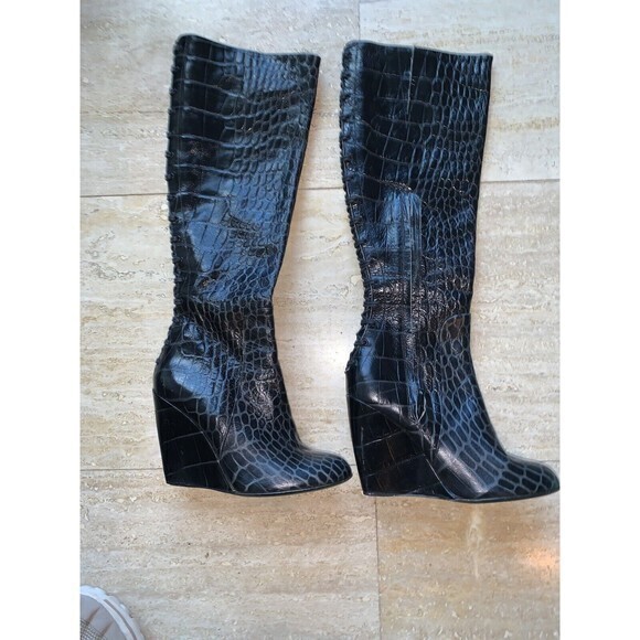 Jerome C. Rousseau Black Alligator Print Leather Lace Up Wedge Boots‎ 36.5 US6 - Picture 3 of 12